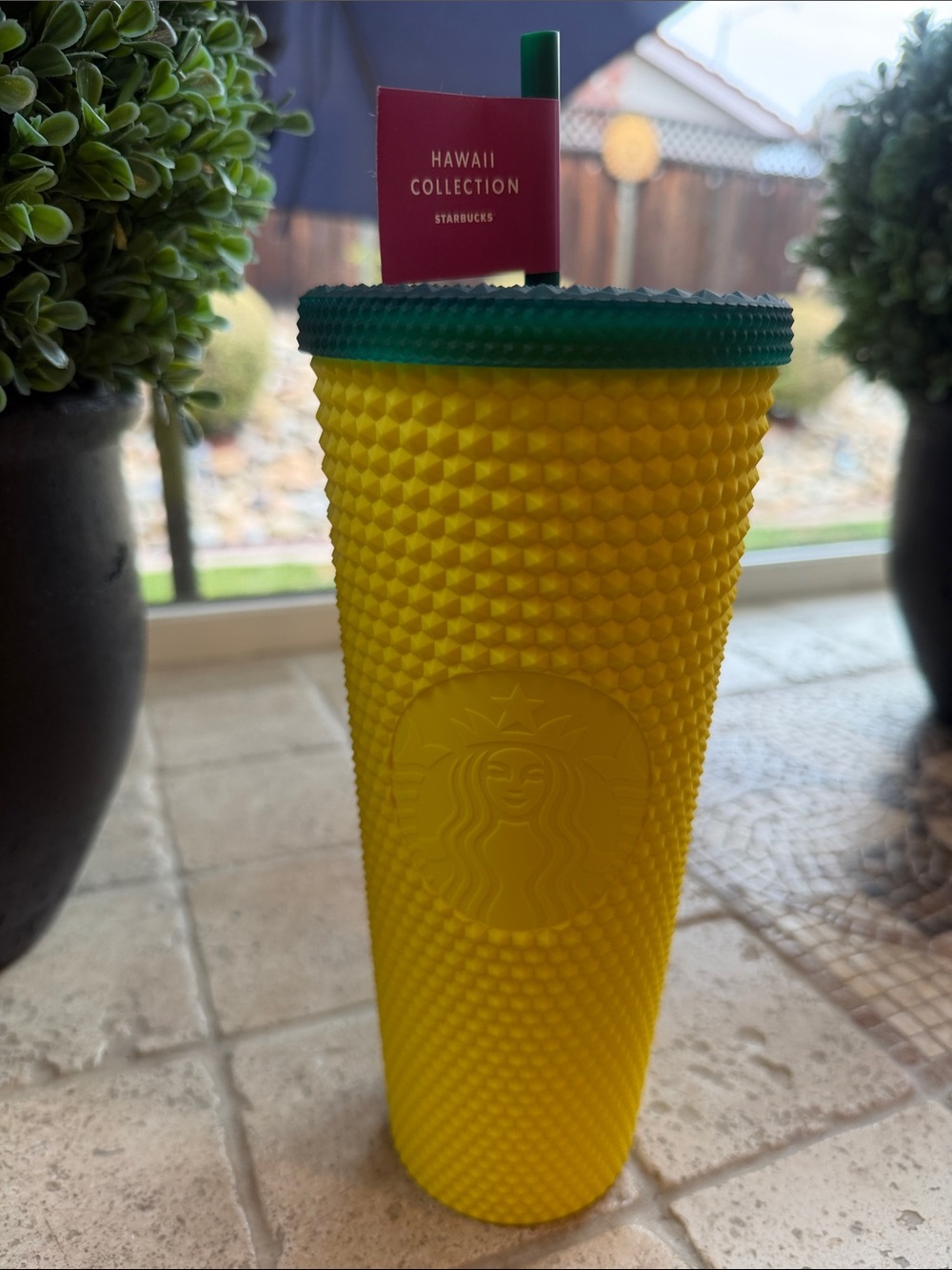 Starbucks Yellow Textured Tumbler with Green Lid